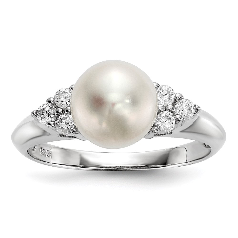 Sterling Silver Rhodium-plated 8- White Button Freshwater Cultured Pearl and CZ Ring