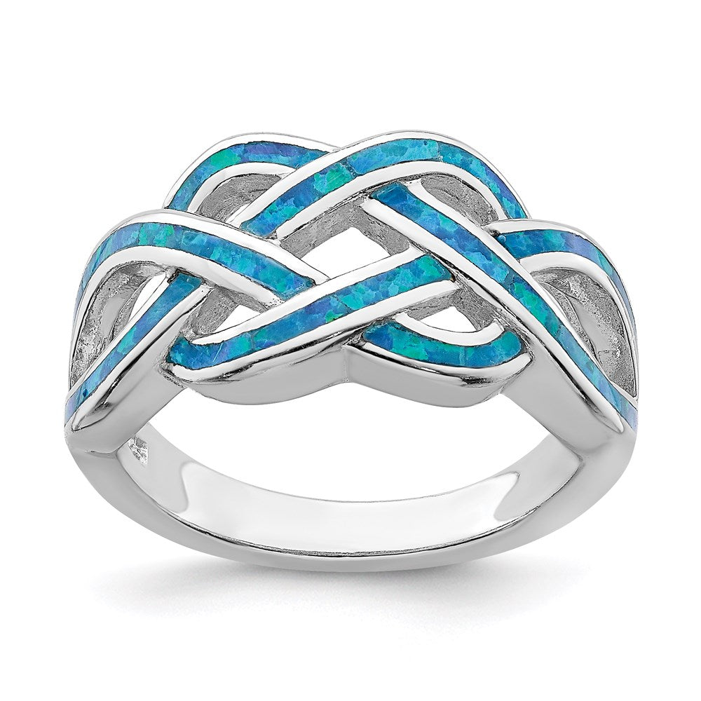 Sterling Silver Rhodium-plated Lab Created Blue Opal Inlay Celtic Knot Ring