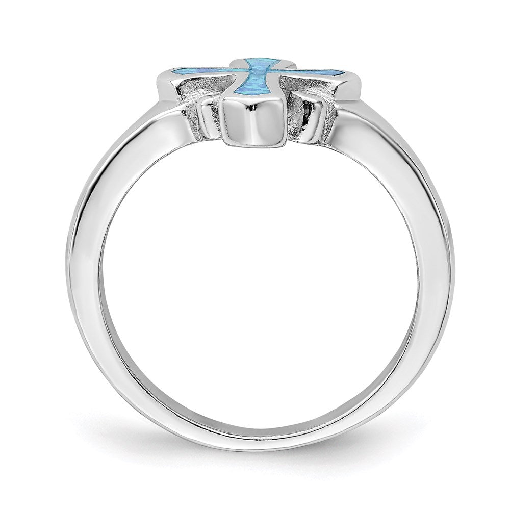 Sterling Silver Rhodium-plated Blue Inlay Created Opal Cross Ring