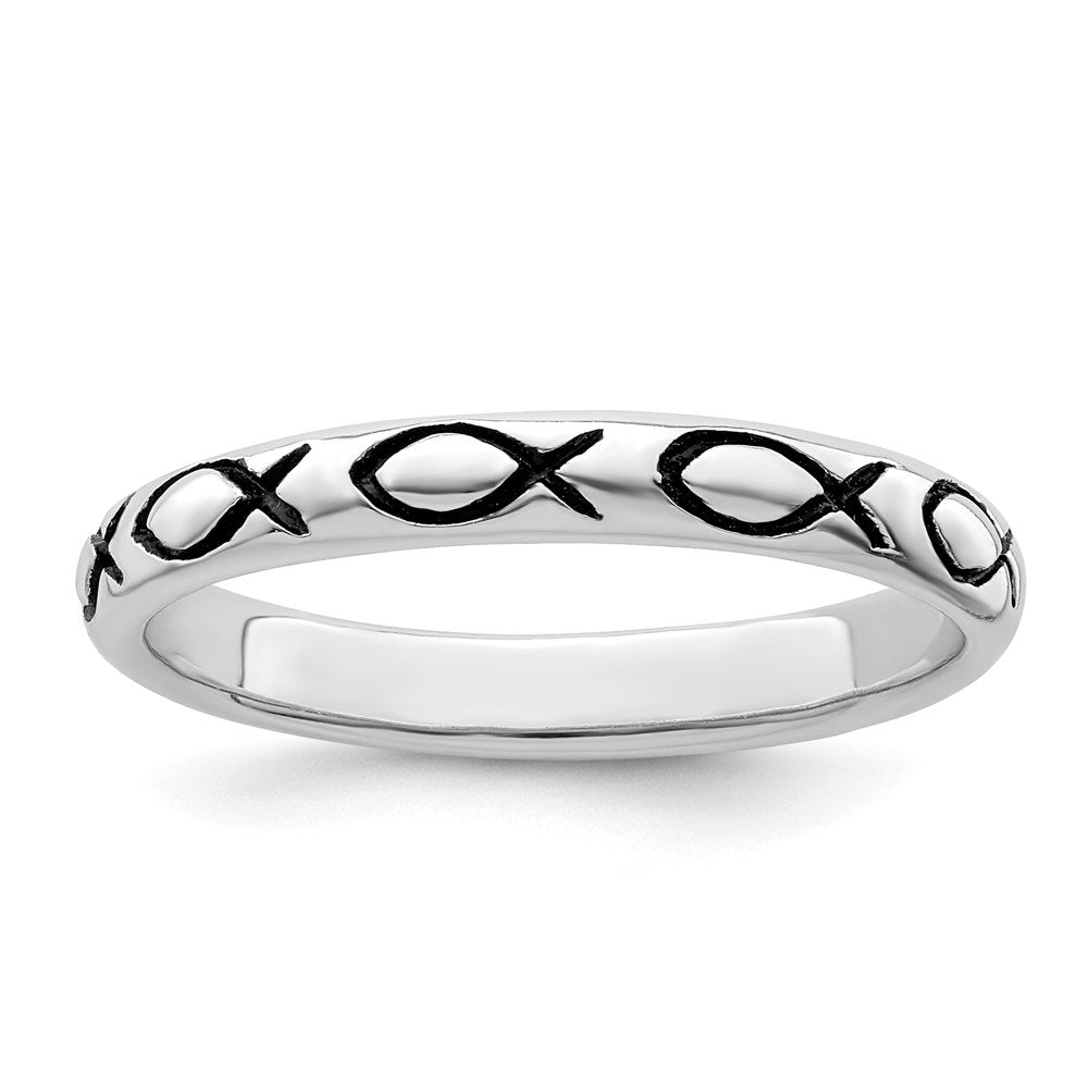 Sterling Silver Rhodium-plated Polished Antiqued Ichthus Ring