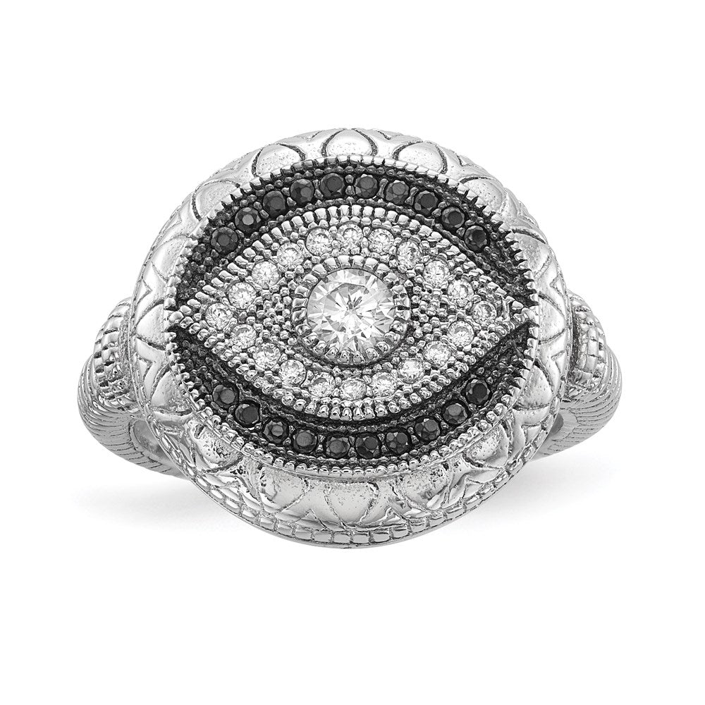 Sterling Silver Rhodium-plated Black and White CZ Evil Eye Ring