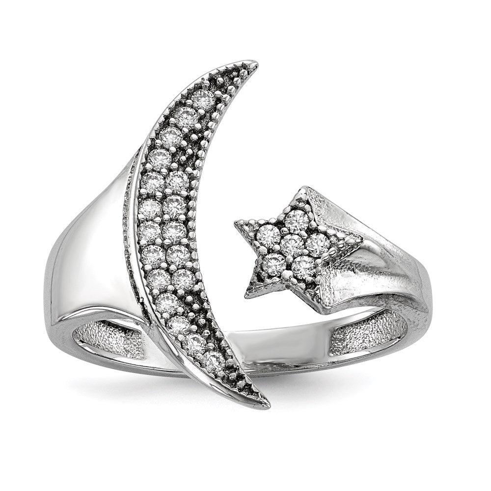 Sterling Silver Rhodium-plated CZ Moon w/Star Polished Ring