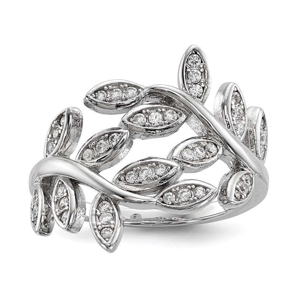 Sterling Silver Rhodium-plated Leaf CZ Ring