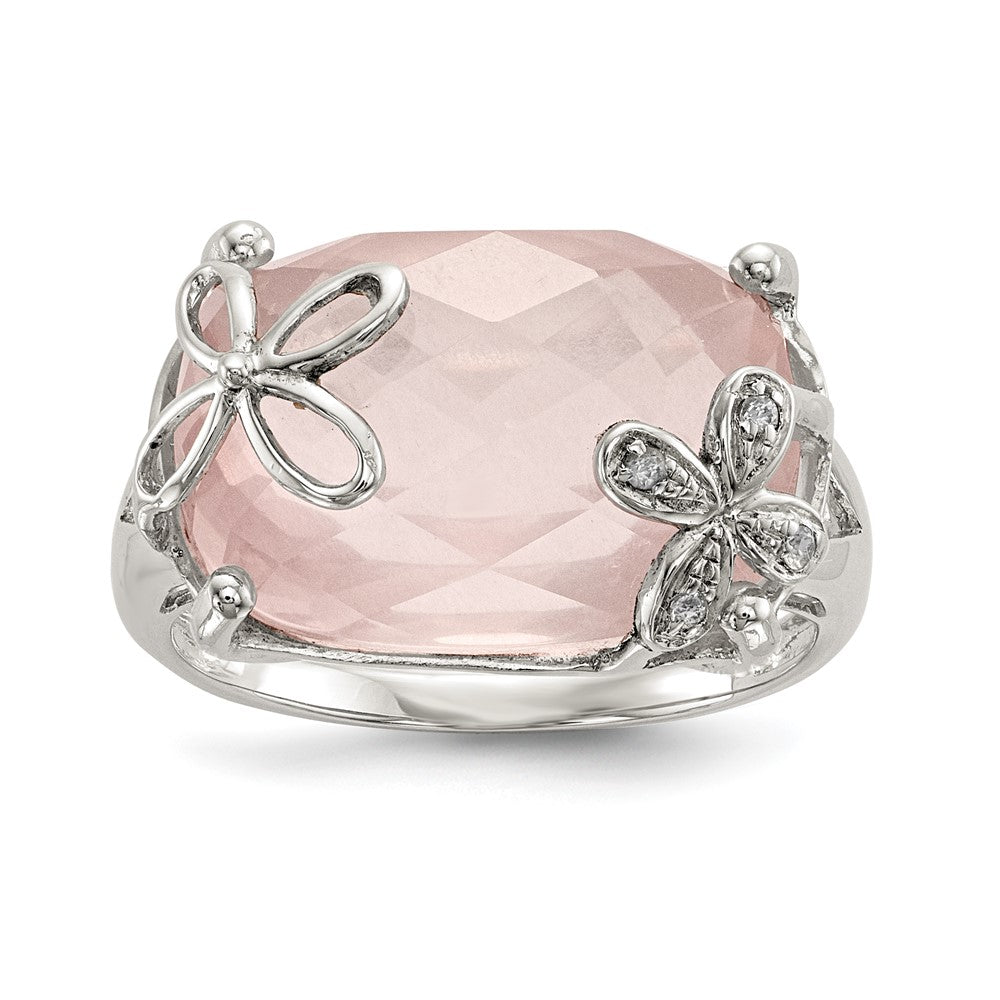 Sterling Silver Rhodium-plated Rose Quartz/White Sapphire Ring