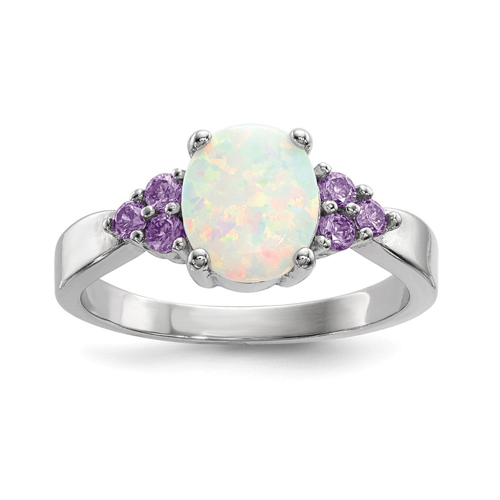 Sterling Silver Rhodium-plated Oval Created Opal w/Purple CZ Ring