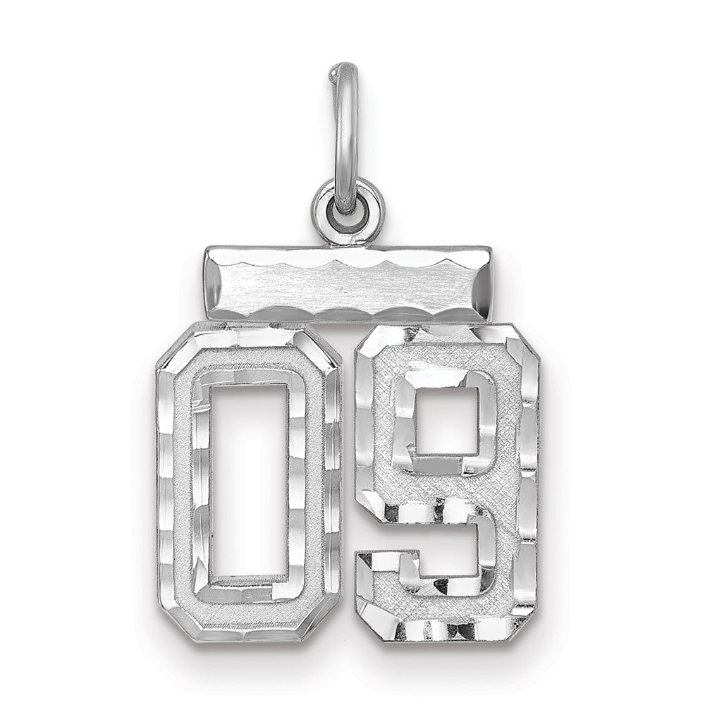 Sterling Silver Rhodium-plated Small Diamond-cut #09 Charm