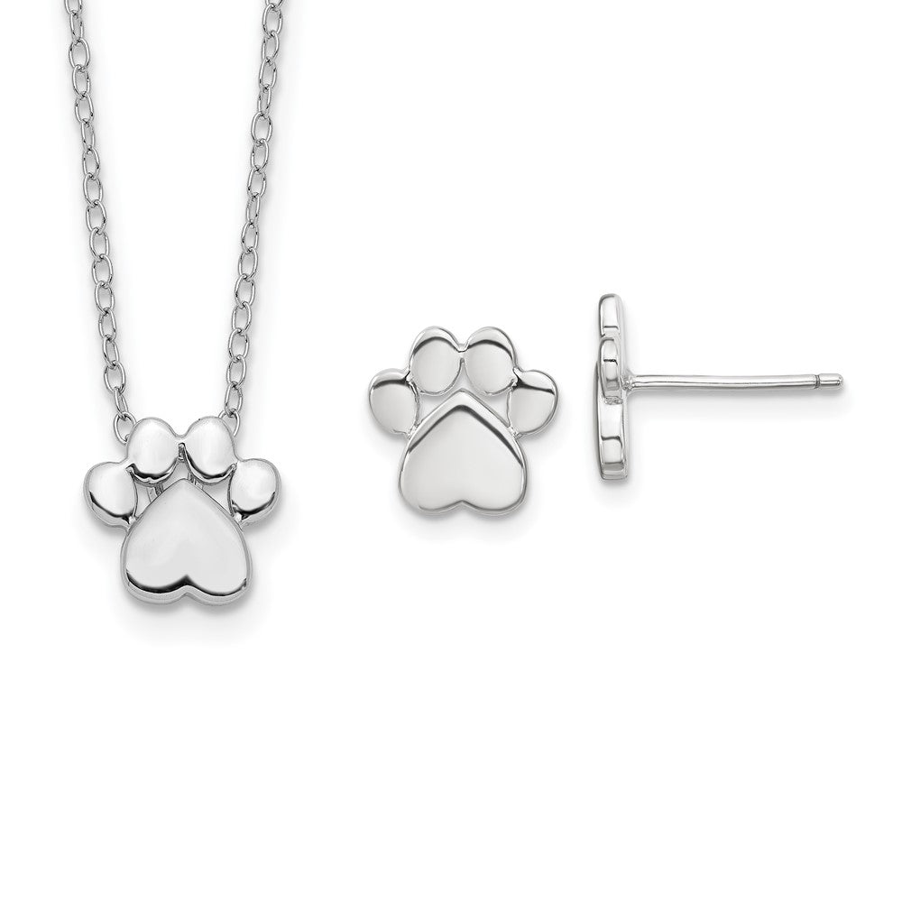 Sterling Silver RH-plated Paw Print w/ ext. Post Earring Necklace Set