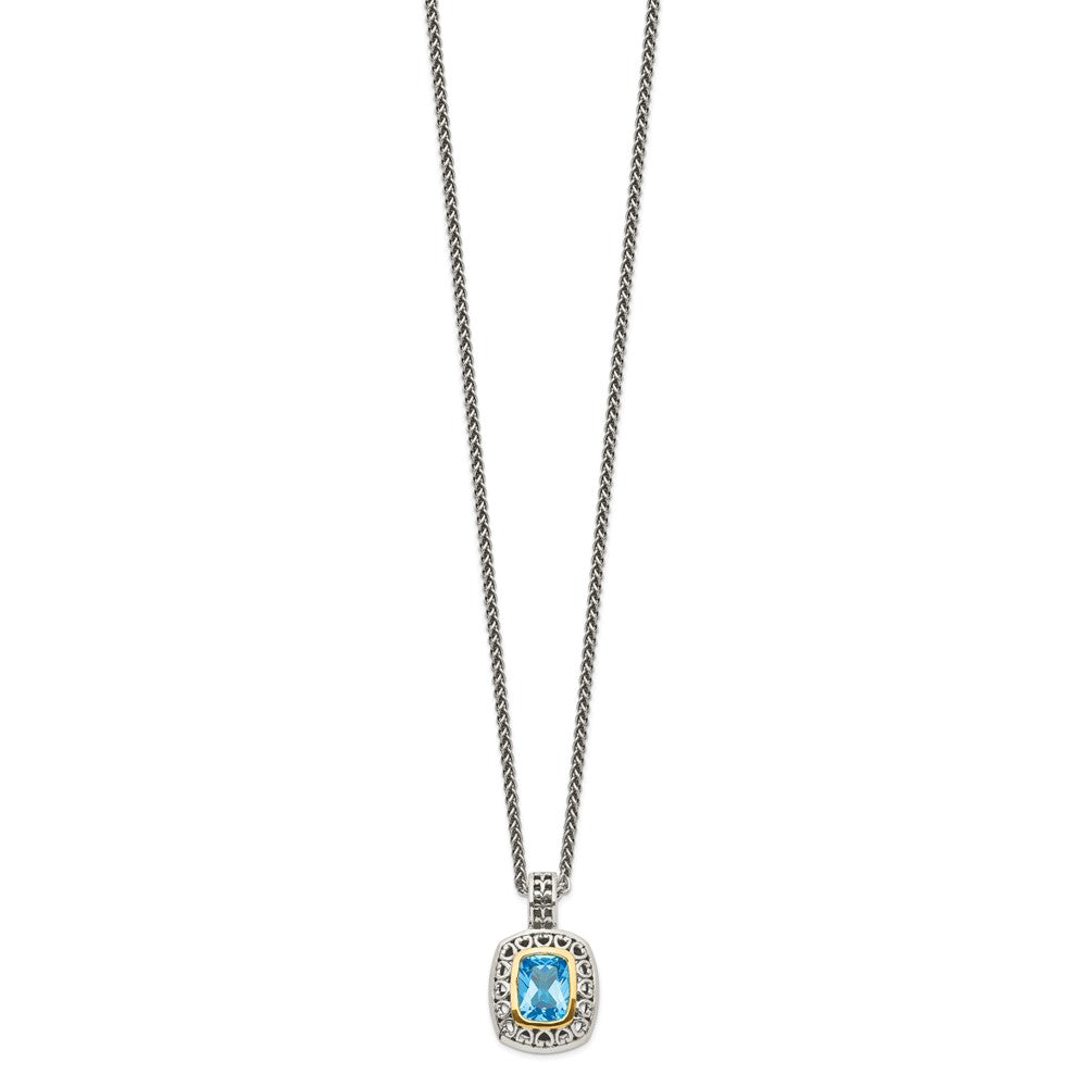 Shey Couture Sterling Silver with 14K Accent 18 Inch Antiqued Cushion Bezel Light Swiss Blue Topaz Necklace