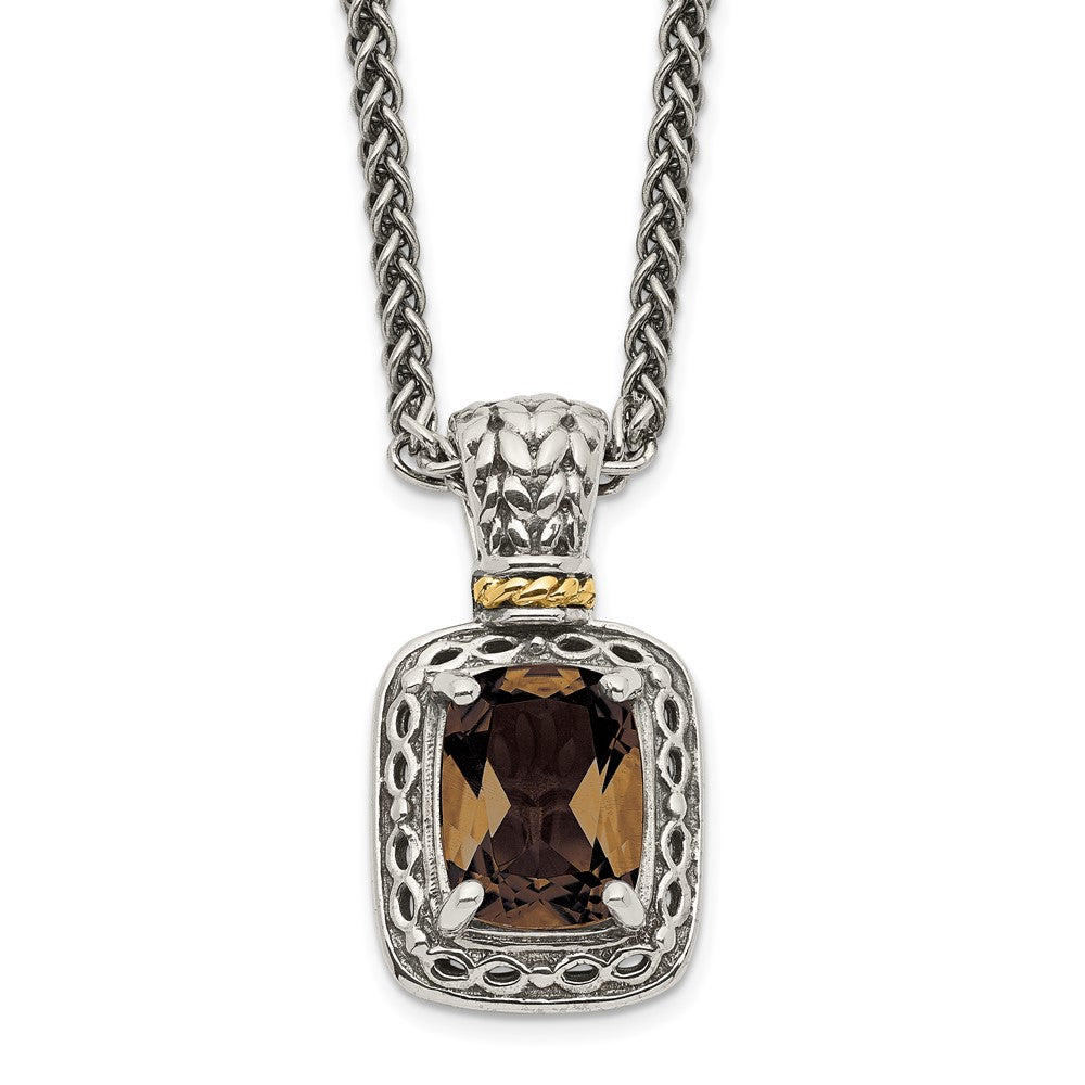 Shey Couture Sterling Silver with 14K Accent 18 Inch Antiqued Cushion Checkerboard Smoky Quartz Necklace