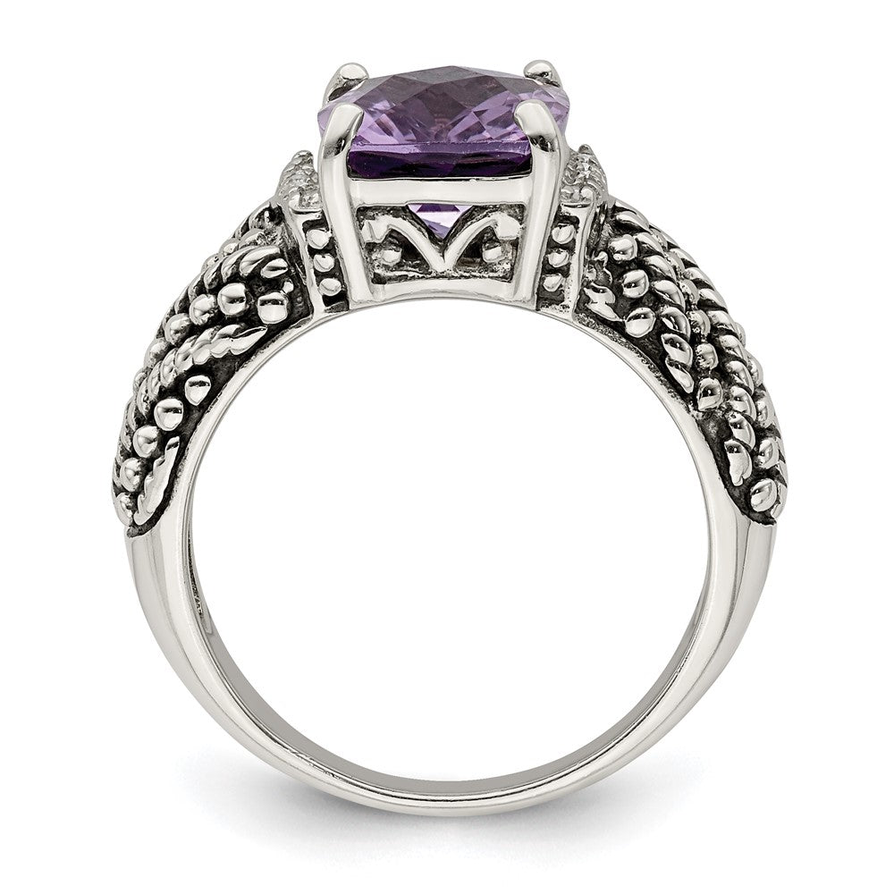 Shey Couture Sterling Silver with 14K Accent Antiqued Diamond and Cushion Amethyst Ring