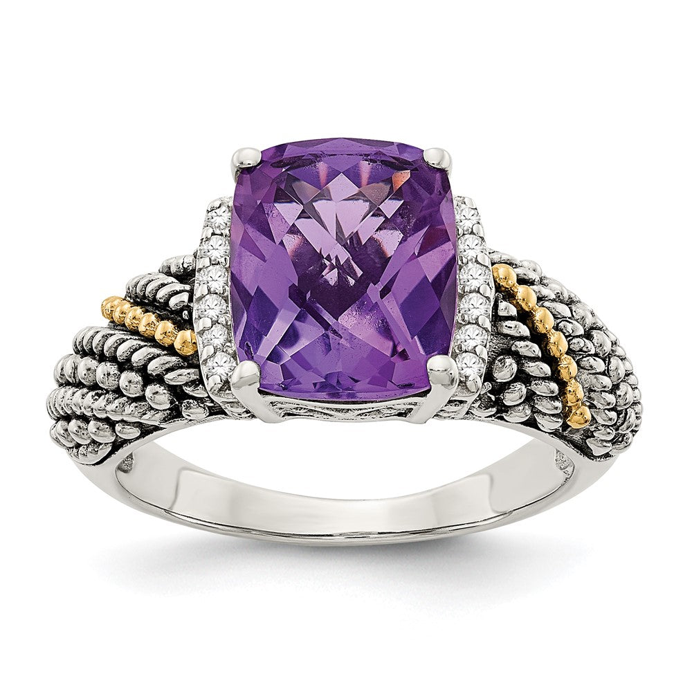 Shey Couture Sterling Silver with 14K Accent Antiqued Diamond and Cushion Amethyst Ring