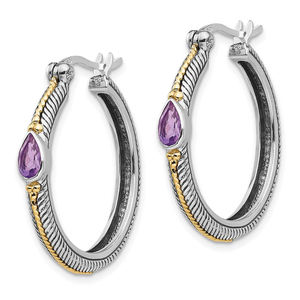 Shey Couture Sterling Silver with 14K Accent Antiqued Pear Shaped Amethyst Hoop Earrings
