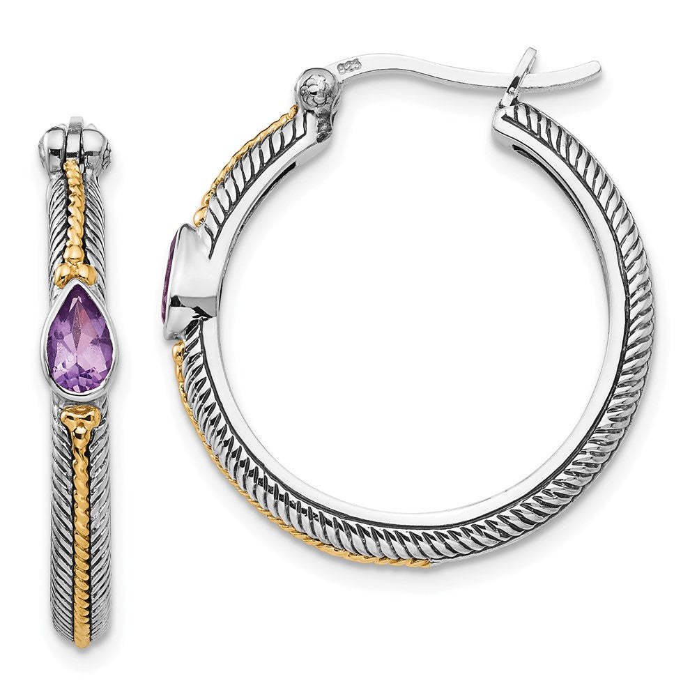 Shey Couture Sterling Silver with 14K Accent Antiqued Pear Shaped Amethyst Hoop Earrings