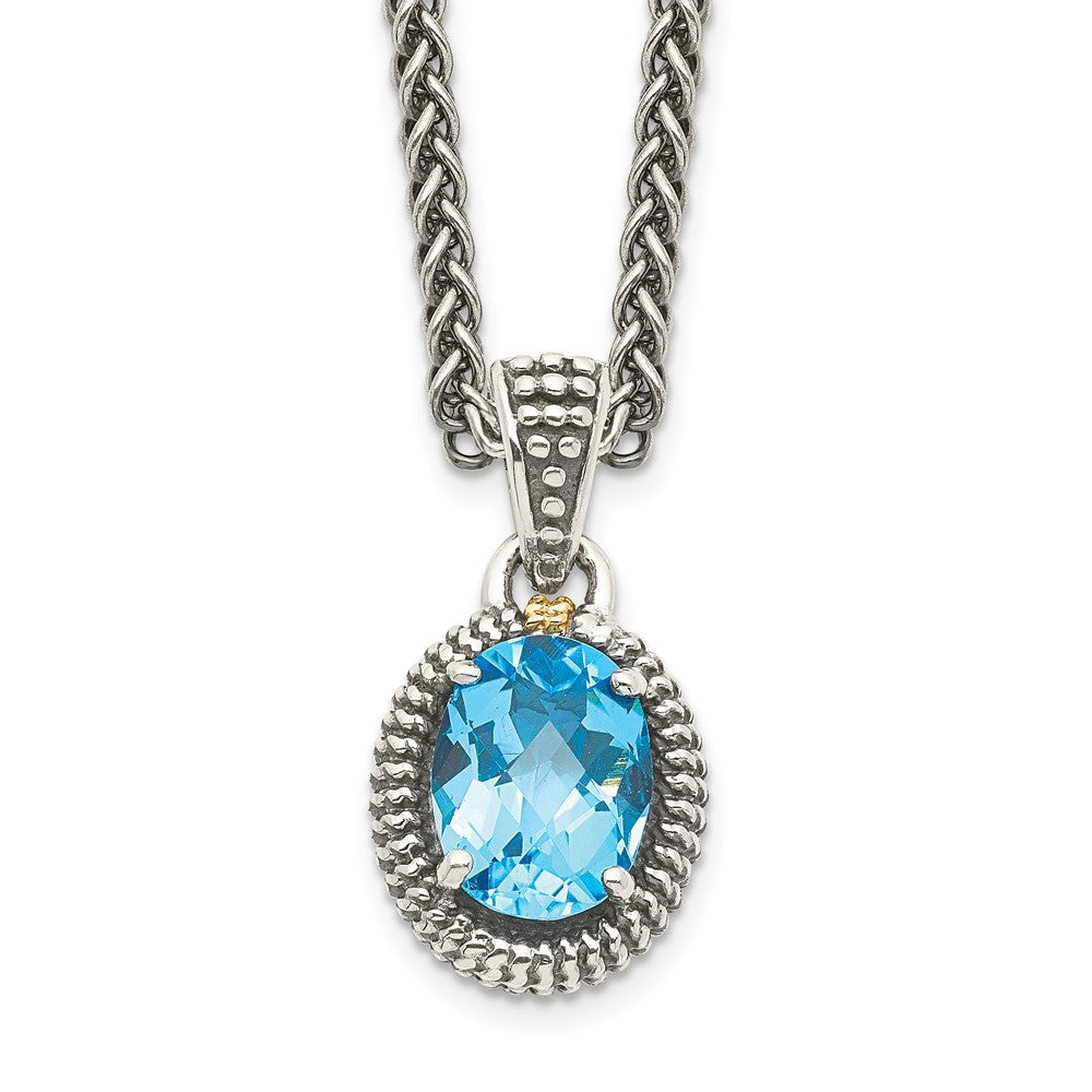 Shey Couture Sterling Silver with 14K Accent 18 Inch Antiqued Oval Light Swiss Blue Topaz Oval Necklace