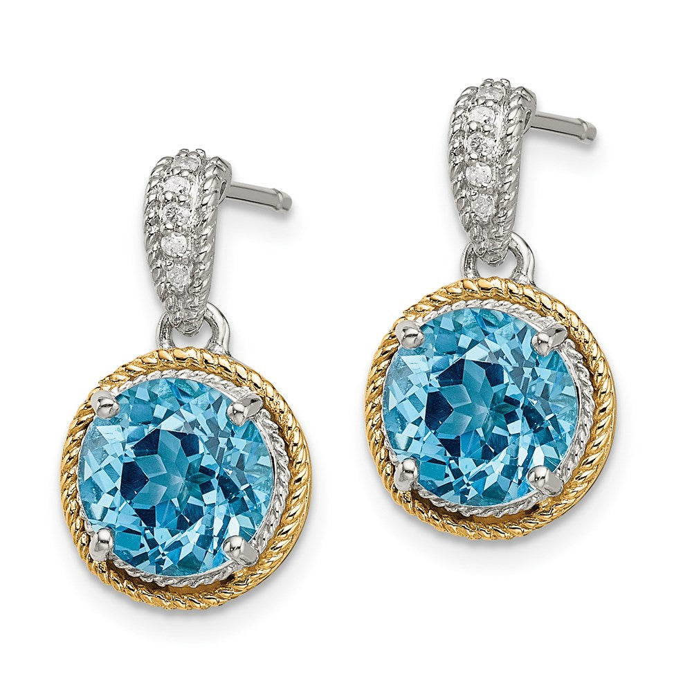Shey Couture Sterling Silver with 14K Accent Antiqued Round Blue Topaz Diamond Post Dangle Earrings