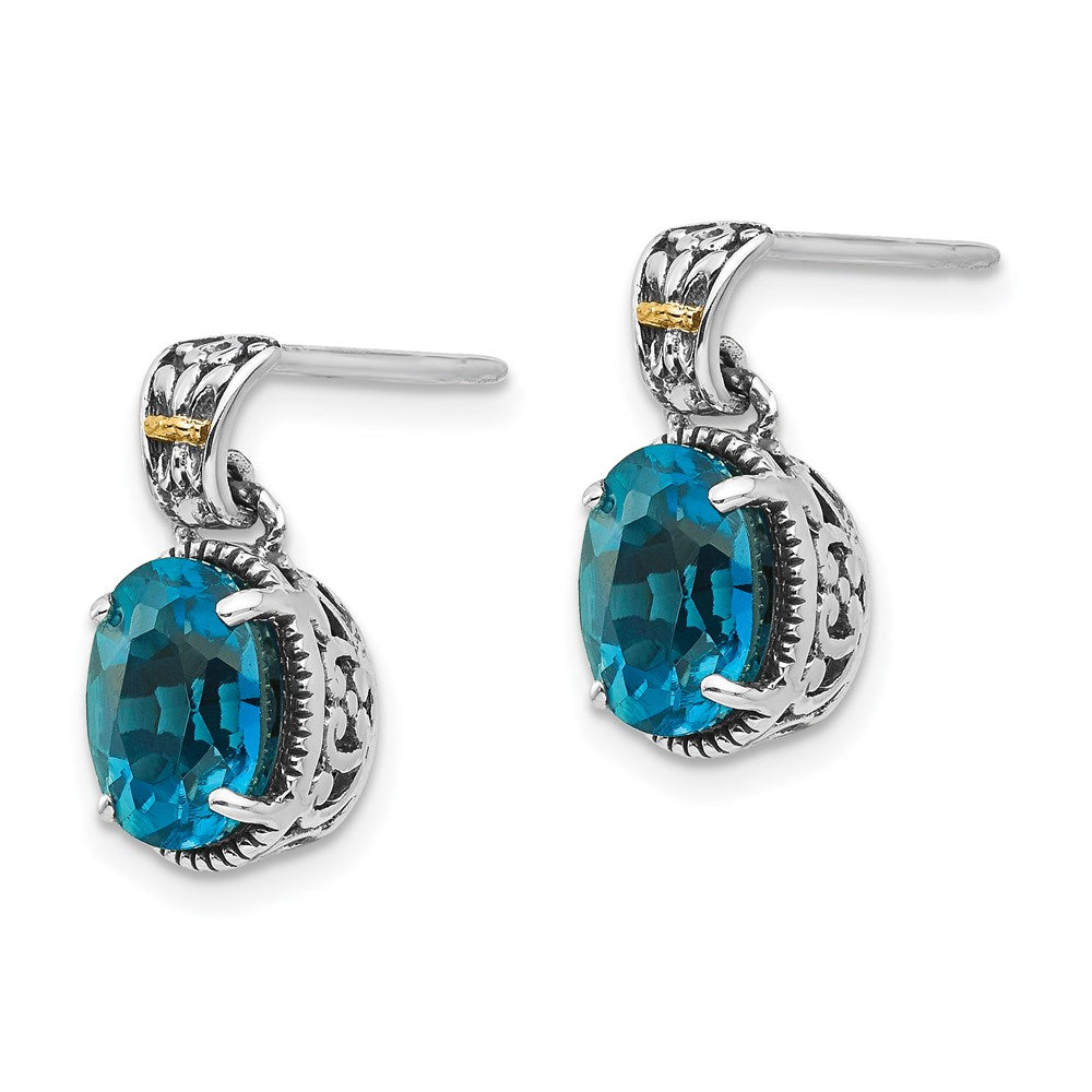 Shey Couture Sterling Silver with 14K Accent Antiqued Oval London Blue Topaz Post Dangle Earrings