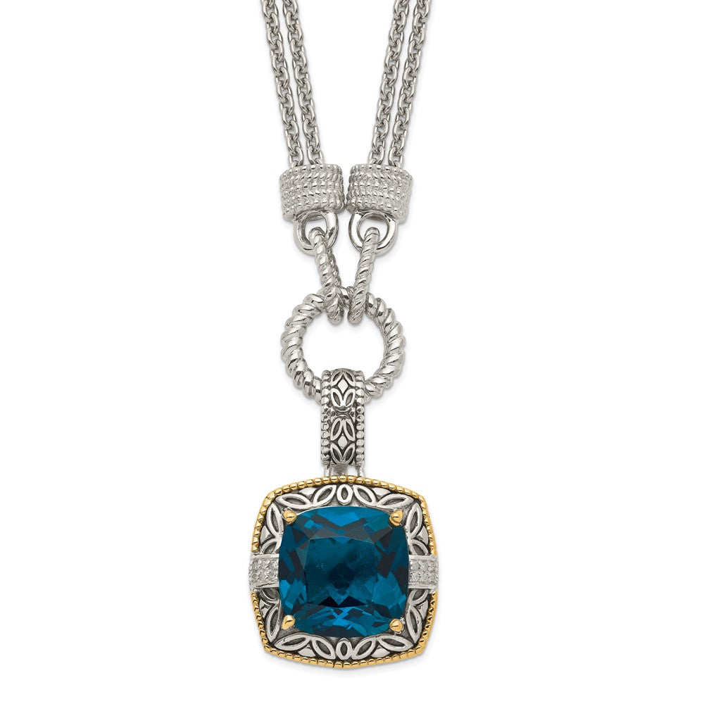 Shey Couture Sterling Silver with 14K Accent 17 Inch Antiqued Cushion London Blue Topaz and Diamond Plus . Ext. Necklace