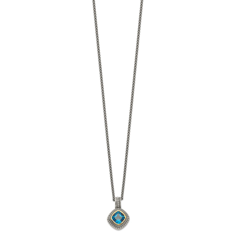 Shey Couture Sterling Silver with 14K Accent 18 Inch Antiqued Cushion Bezel London Blue Topaz Necklace