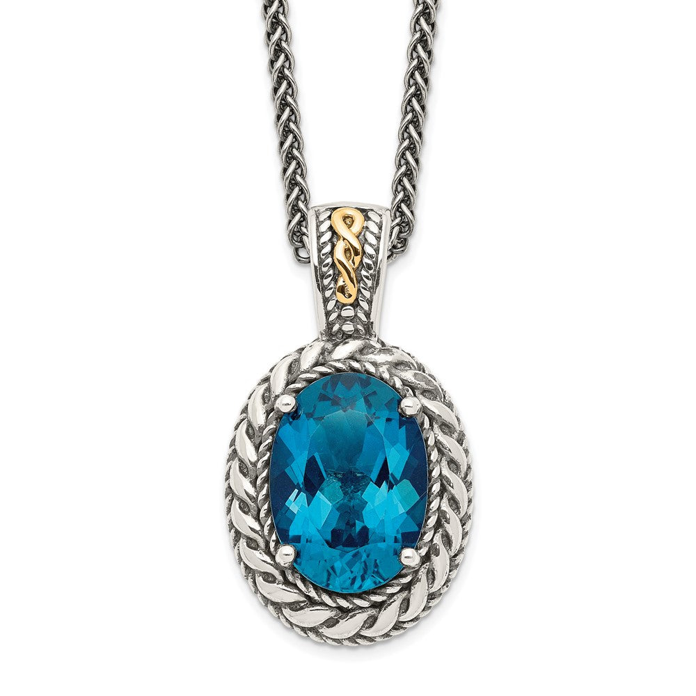 Shey Couture Sterling Silver with 14K Accent 18 Inch Antiqued Oval London Blue Topaz Hinged Bail Necklace