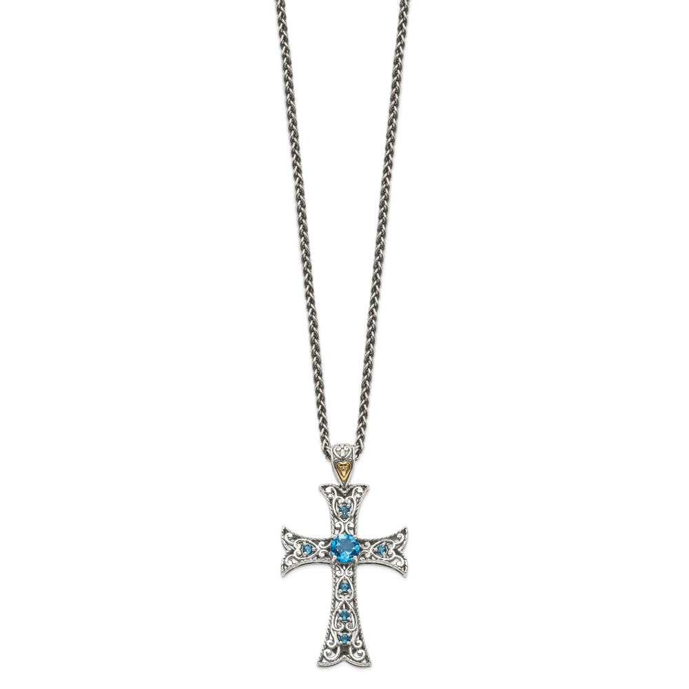 Shey Couture Sterling Silver with 14K Accent 18 Inch Antiqued Round London Blue Topaz Cross Necklace