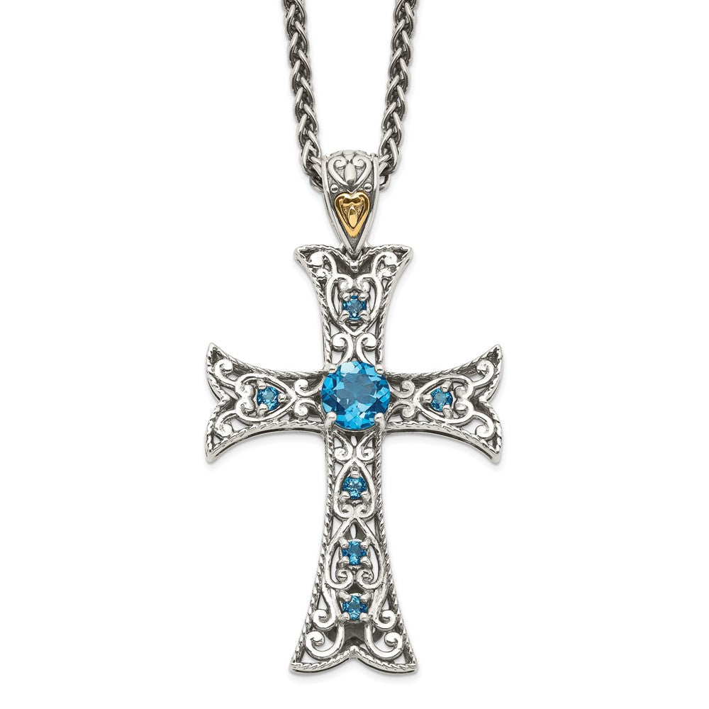 Shey Couture Sterling Silver with 14K Accent 18 Inch Antiqued Round London Blue Topaz Cross Necklace