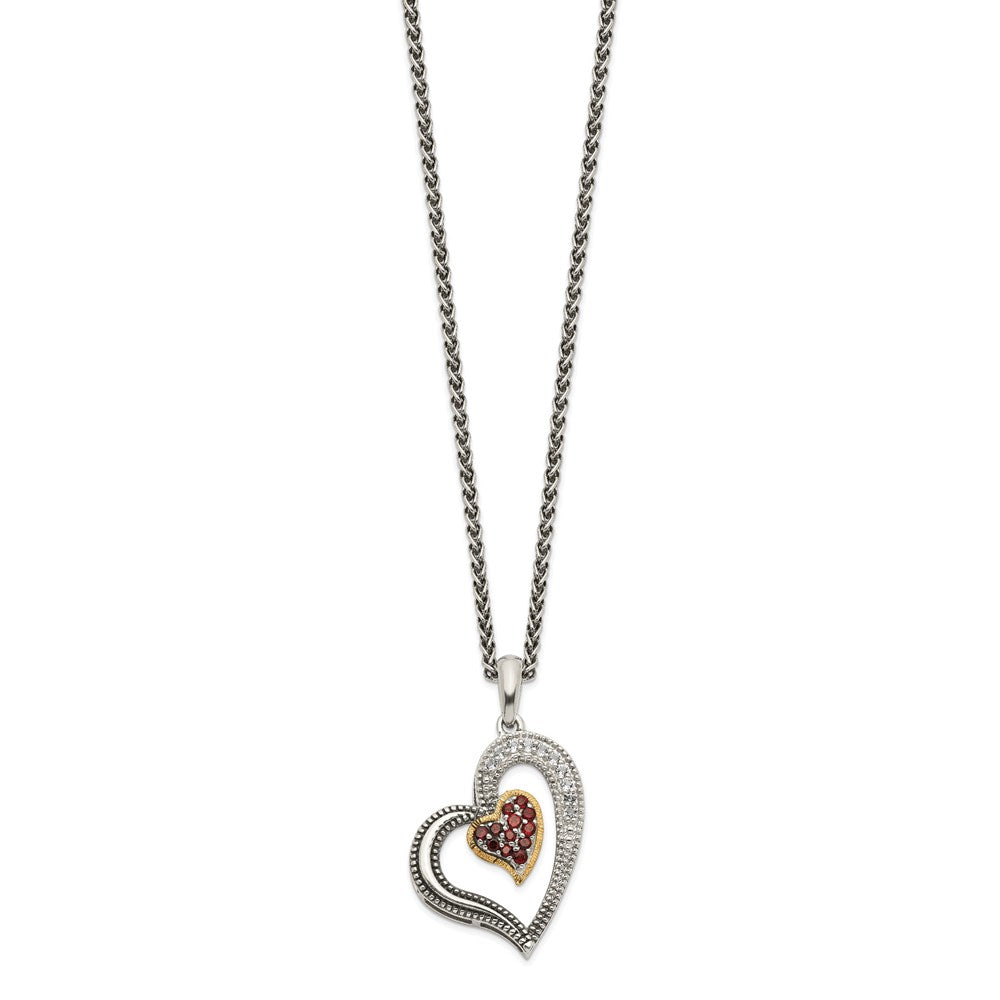 Shey Couture Sterling Silver with 14K Accent 18 Inch Antiqued Pav .22Garnet and .20White Topaz Heart Necklace