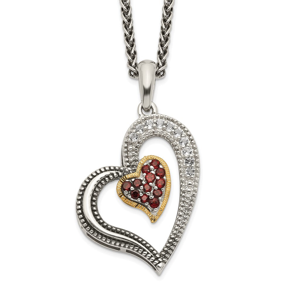 Shey Couture Sterling Silver with 14K Accent 18 Inch Antiqued PavÇ .22Garnet and .20White Topaz Heart Necklace