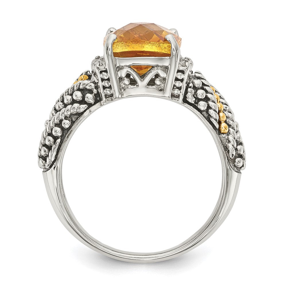 Shey Couture Sterling Silver with 14K Accent Antiqued Diamond and Checkerboard Cushion Citrine Ring