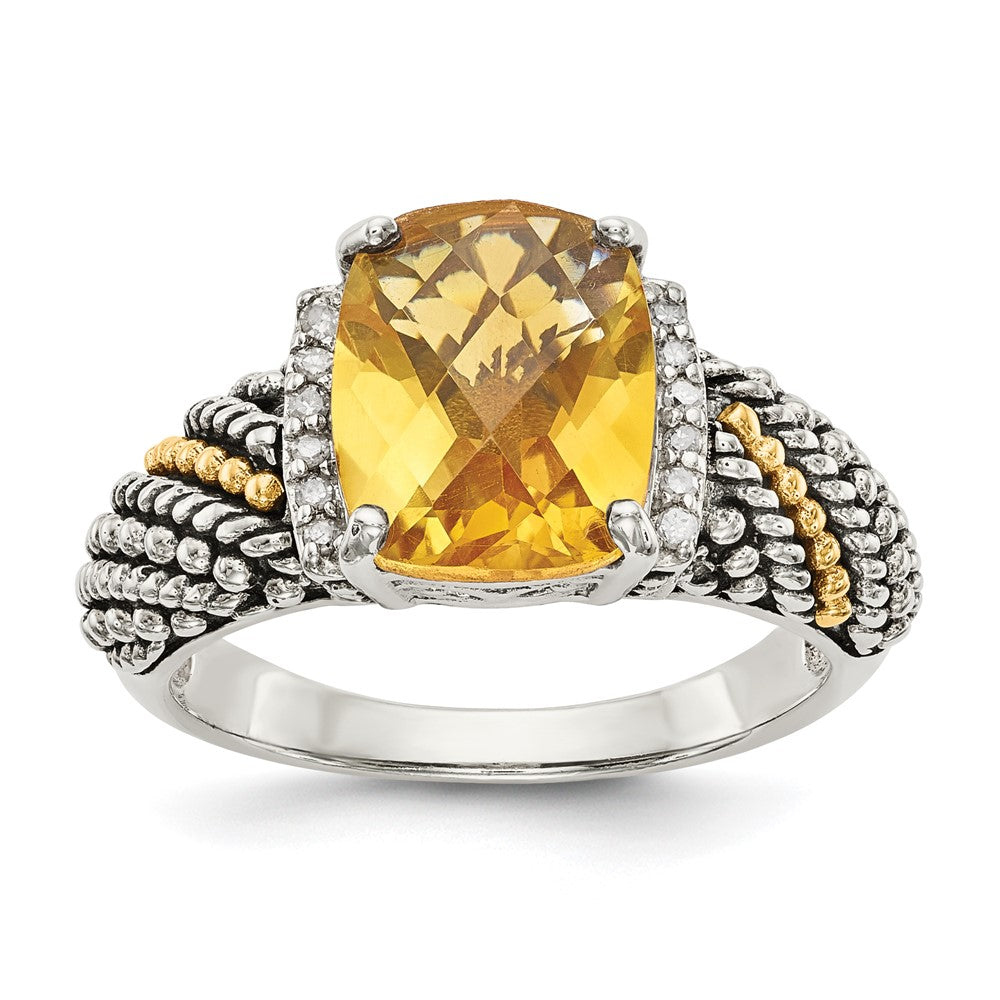 Shey Couture Sterling Silver with 14K Accent Antiqued Diamond and Checkerboard Cushion Citrine Ring