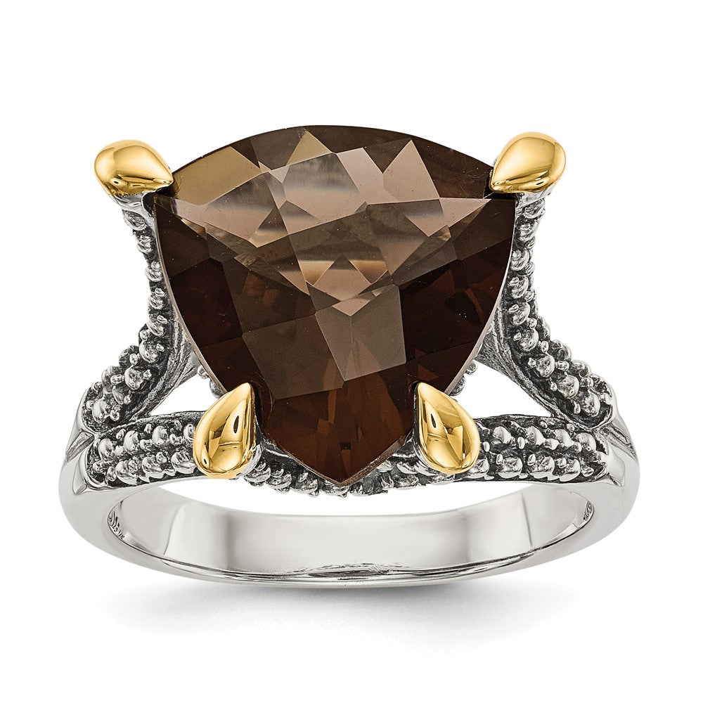 Shey Couture Sterling Silver with 14K Accent Antiqued Trillion Checkerboard Smoky Quartz Ring