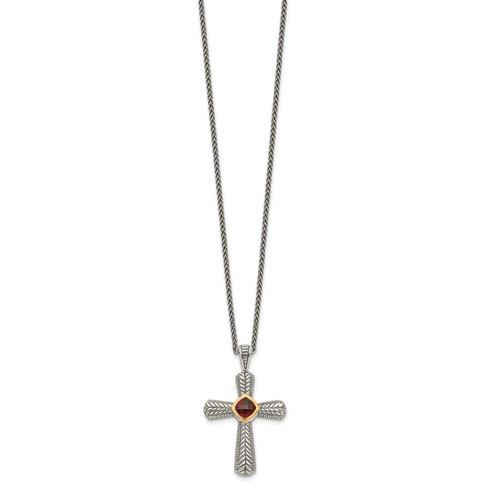 Shey Couture Sterling Silver with 14K Accent 18 Inch Antiqued Checkerboard Cusion Bezel Garnet Cross Necklace