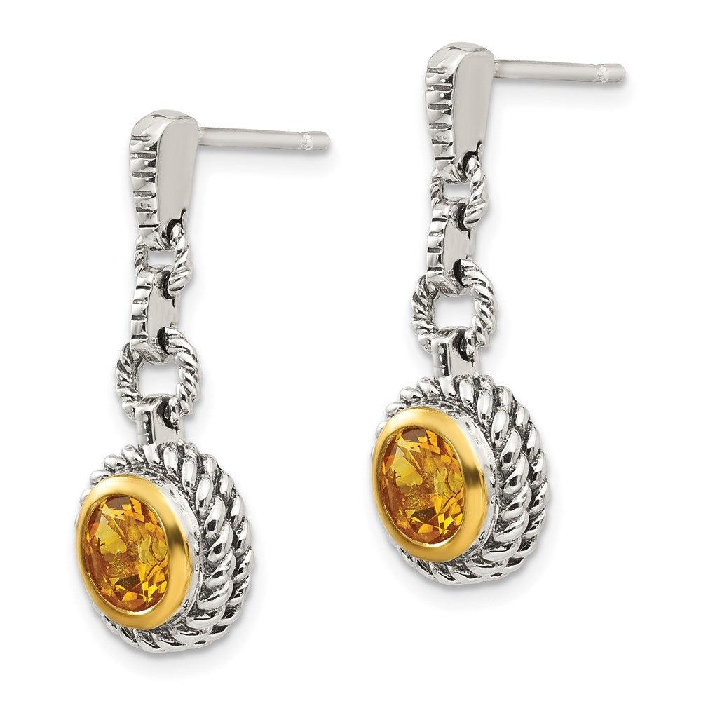 Shey Couture Antiqued Sterling Silver with14K Gold-plated Accent Round Bezel Citrine Post Dangle Earrings