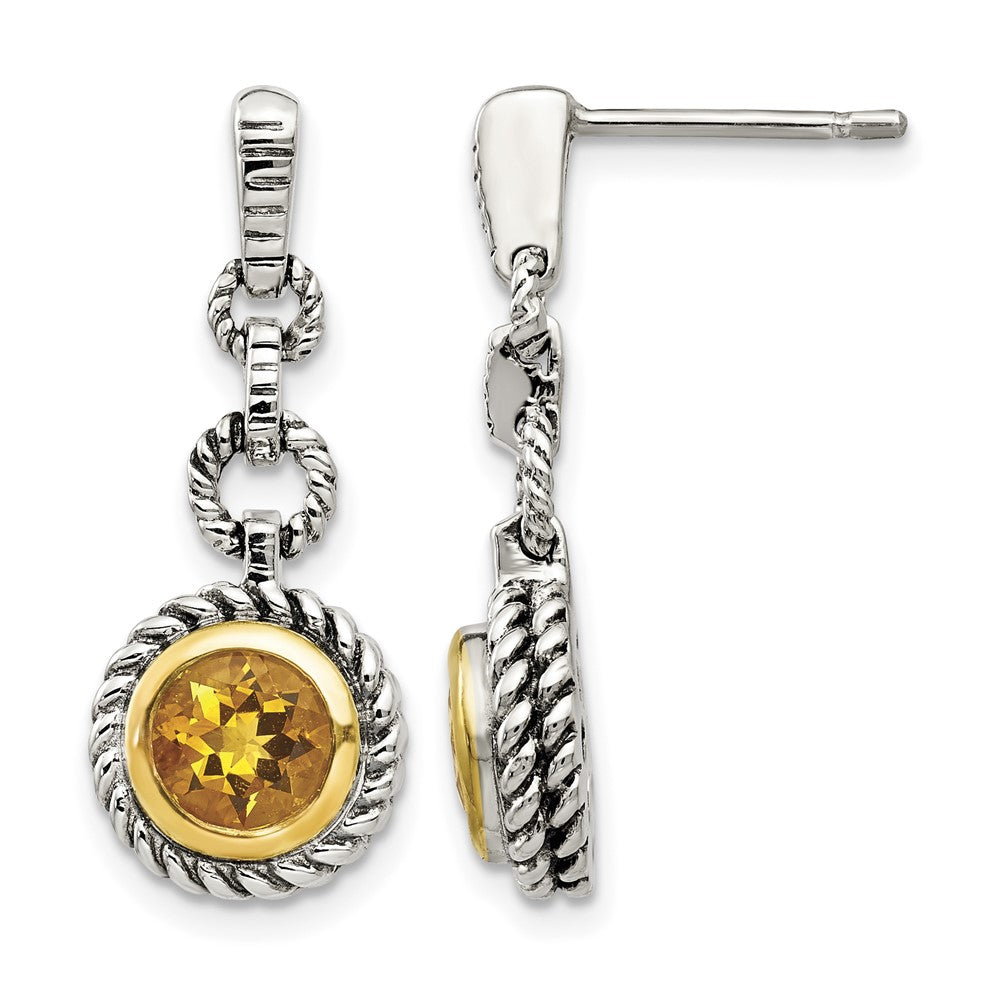 Shey Couture Antiqued Sterling Silver with14K Gold-plated Accent Round Bezel Citrine Post Dangle Earrings