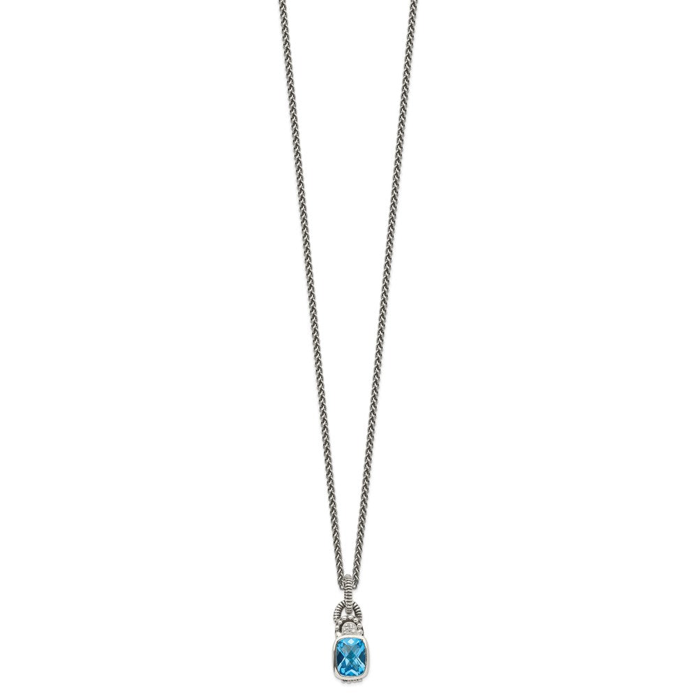 Shey Couture Sterling Silver 18 Inch Antiqued Cushion Bezel Sky Blue Topaz and Diamond Necklace