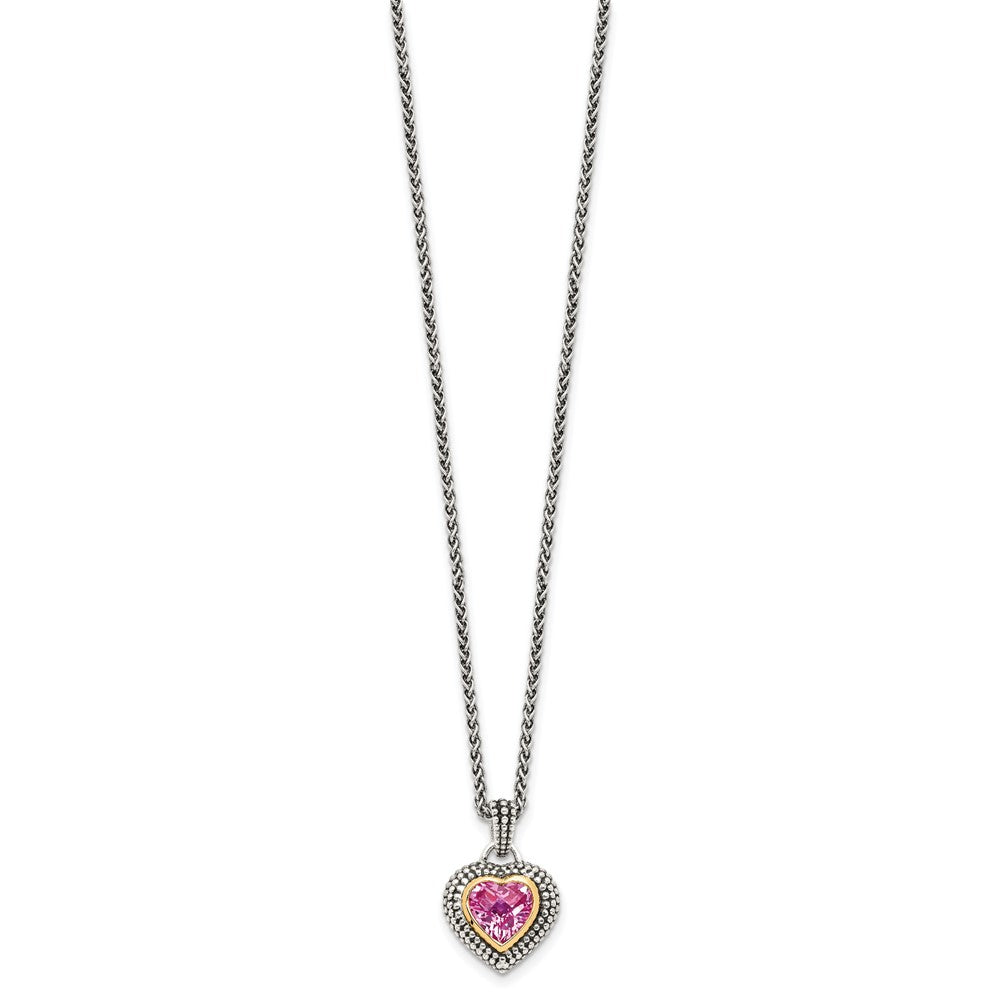 Shey Couture Sterling Silver with 14K Accent 18 Inch Antiqued Heart Bezel Created Pink Sapphire Necklace