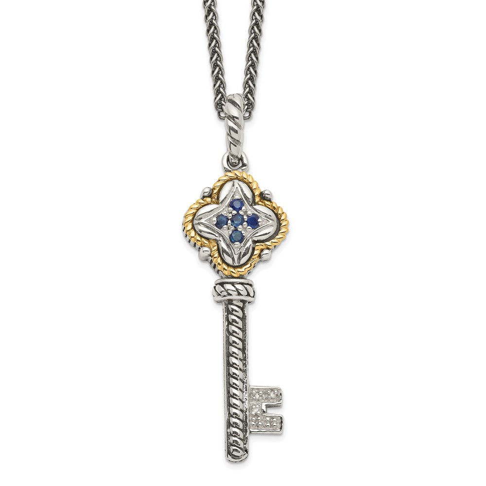 Shey Couture Sterling Silver with 14K Accent 18 Inch Antiqued Sapphire and Diamond Key Necklace