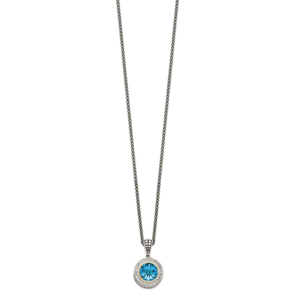 Shey Couture Sterling Silver with 14K Accent 18 Inch Antiqued Round Swiss Blue Topaz and Diamond Necklace