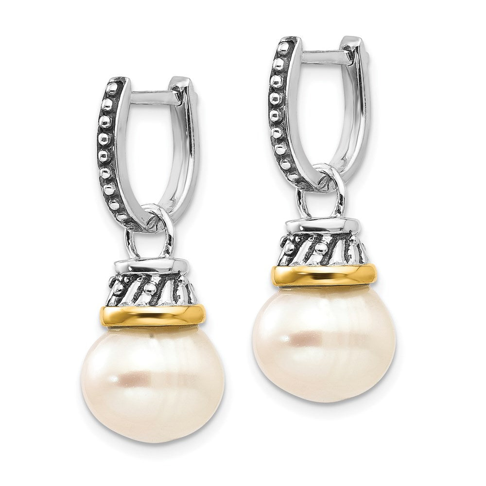 Shey Couture Sterling Silver with 14K Accent Antiqued Freshwater Cultured Pearl Hinged Hoop Dangle Earrings