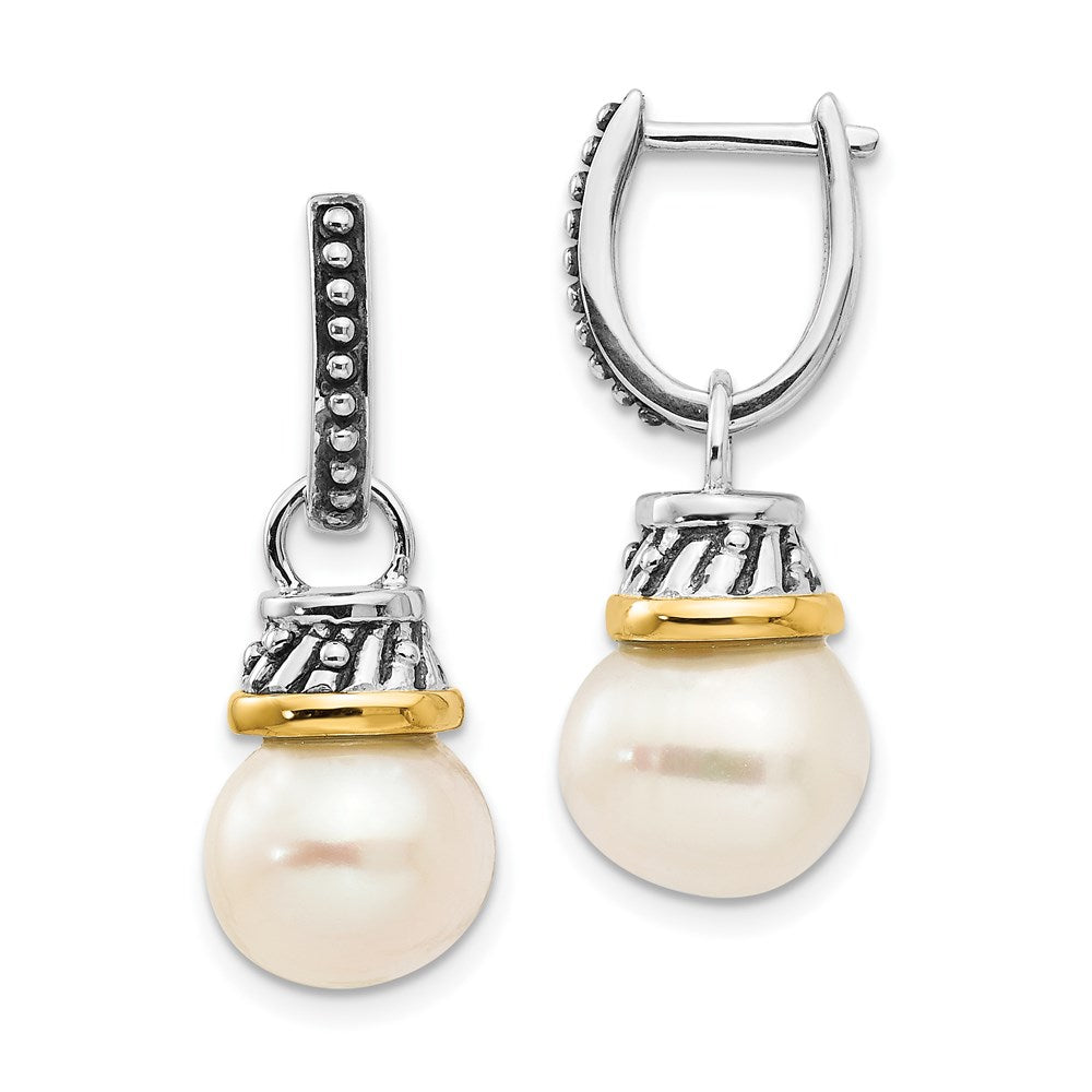 Shey Couture Sterling Silver with 14K Accent Antiqued Freshwater Cultured Pearl Hinged Hoop Dangle Earrings