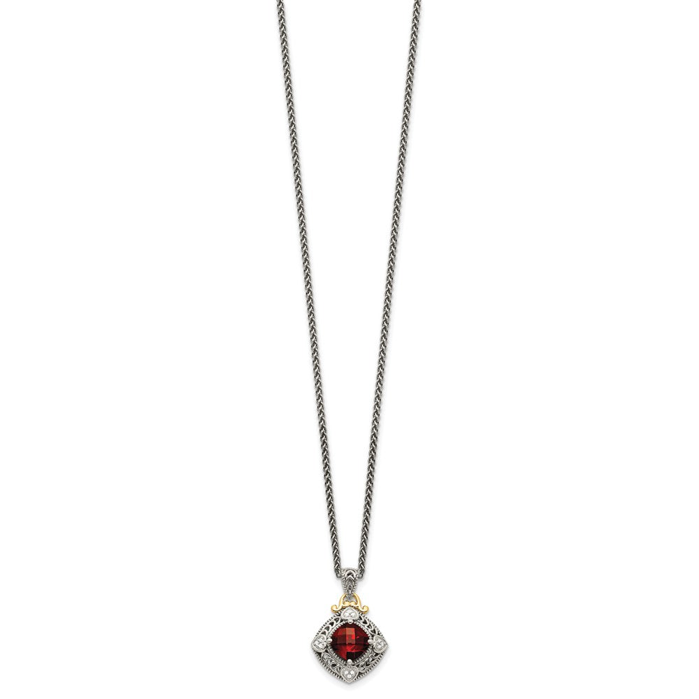 Shey Couture Sterling Silver with 14K Accent 18 Inch Antiqued Diamond and Cushion Checkerboard Garnet Necklace