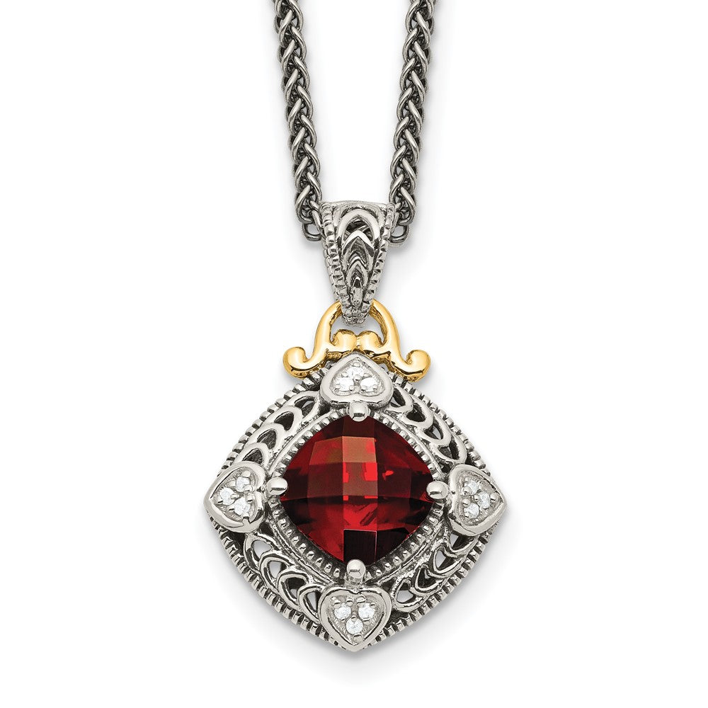 Shey Couture Sterling Silver with 14K Accent 18 Inch Antiqued Diamond and Cushion Checkerboard Garnet Necklace