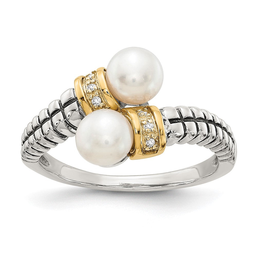 Shey Couture Sterling Silver with 14K Accent Antiqued 5.5- Freshwater Cultured Pearl and Diamond By-Pass Ring