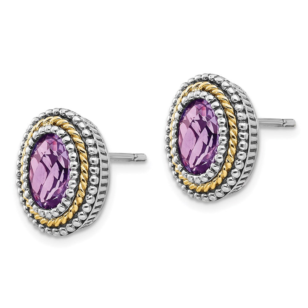Shey Couture Sterling Silver with 14K Accent Antiqued Oval Bezel Amethyst Post Earrings