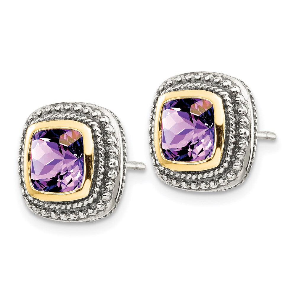 Shey Couture Sterling Silver with 14K Accent Antiqued Cushion Bezel Amethyst Post Earrings