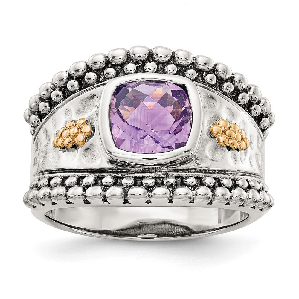 Shey Couture Sterling Silver with 14K Accent Antiqued Checkerboard-cut Cushion Bezel Amethyst Ring