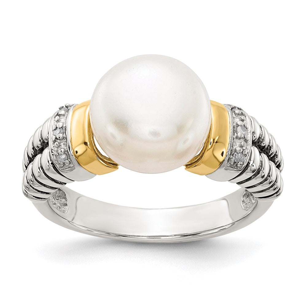 Shey Couture Sterling Silver with 14K Accent Antiqued Diamond and 9.5- Freshwater Cultured Pearl Ring