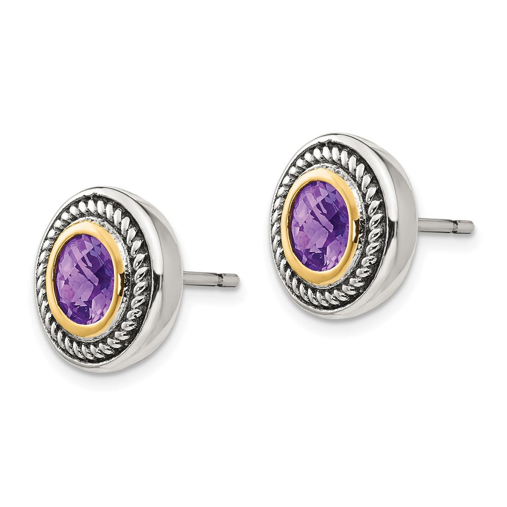 Shey Couture Sterling Silver with 14K Accent Antiqued Round Bezel Amethyst Post Earrings