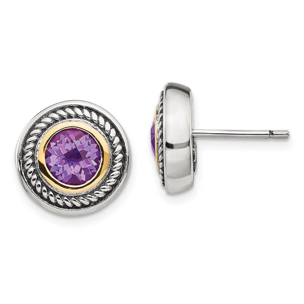 Shey Couture Sterling Silver with 14K Accent Antiqued Round Bezel Amethyst Post Earrings