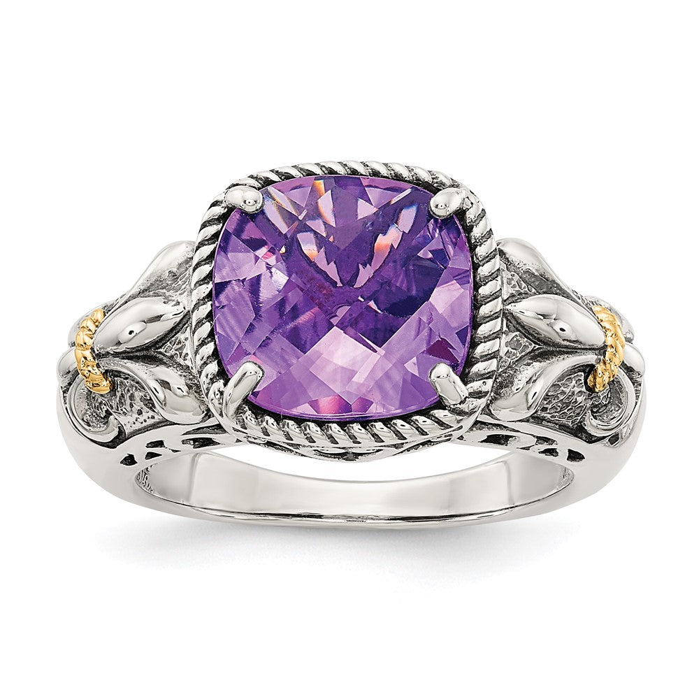 Shey Couture Sterling Silver with 14K Accent Antiqued Cushion Amethyst Ring