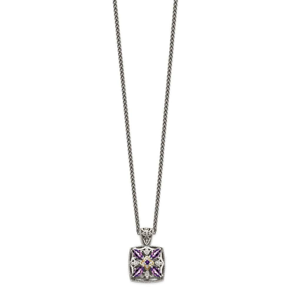 Shey Couture Sterling Silver Antiqued with 14K Accent 18 Inch Diamond and Pear Shaped Amethyst Necklace